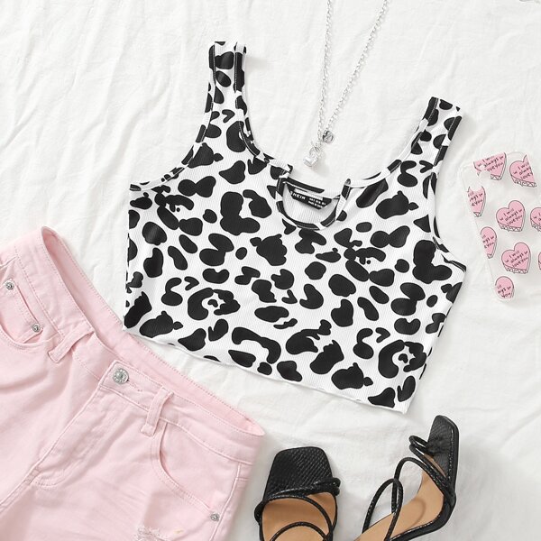 

Cow Pattern Crop Tank Top, Black and white