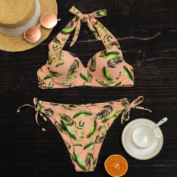 

Leaf Print Push Up Tie Side Bikini Swimsuit, Multicolor
