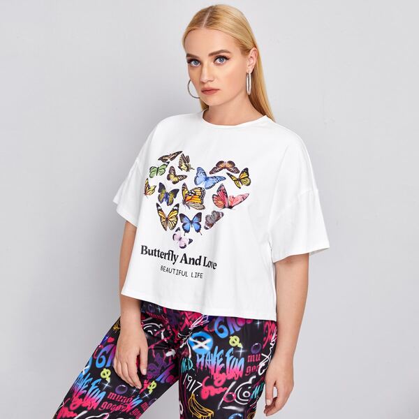 

Plus Drop Shoulder Butterfly and Slogan Print Tee, White