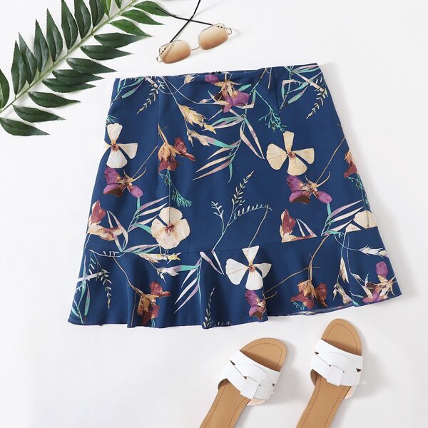 

Plus Floral Ruffle Hem Skirt, Navy blue