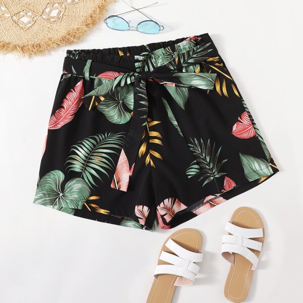 

Plus Tropical Print Belted Paper Bag Waist Shorts, Multicolor
