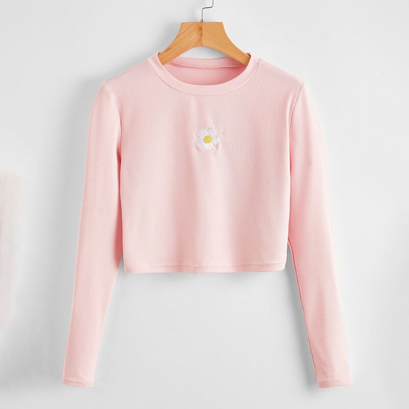 

Flower Embroidery Crop Tee, Baby pink
