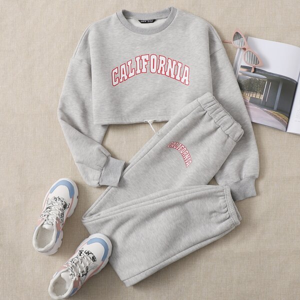 

Plus Letter Graphic Drawstring Hem Thermal Sweatshirt & Sweatpants, Light grey
