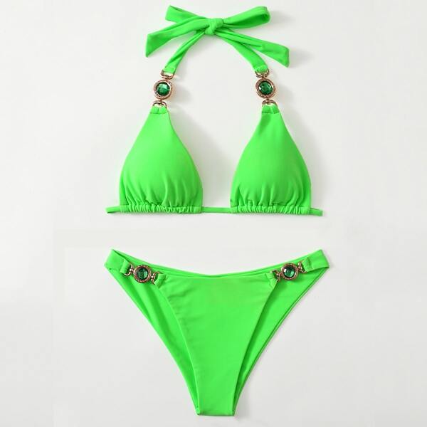 

Neon Green Halter Triangle Bikini Swimsuit, Green neon