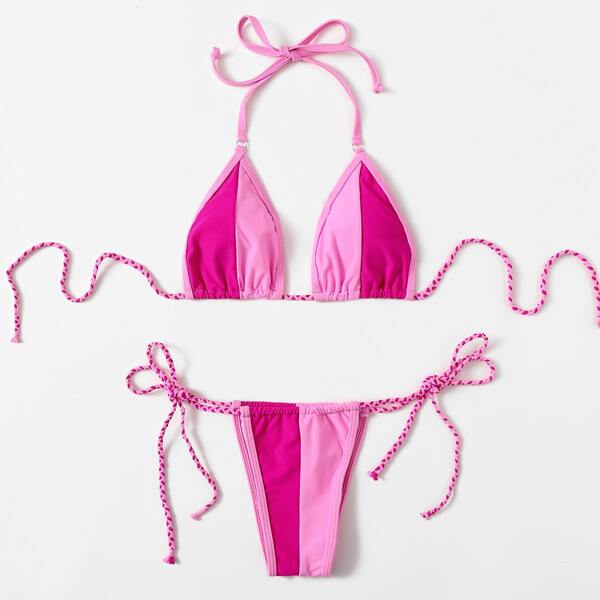 

Two Tone Triangle Tie Side Bikini Swimsuit, Pink
