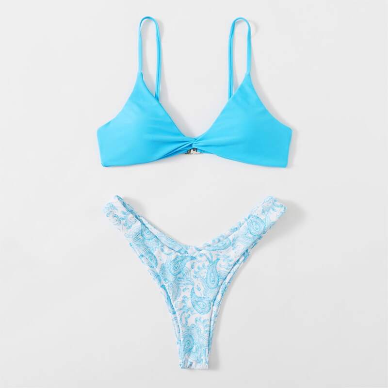 

Paisley Print High Cut Bikini Swimsuit, Blue