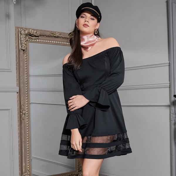 

Plus Off Shoulder Contrast Mesh Panel A-line Dress, Black