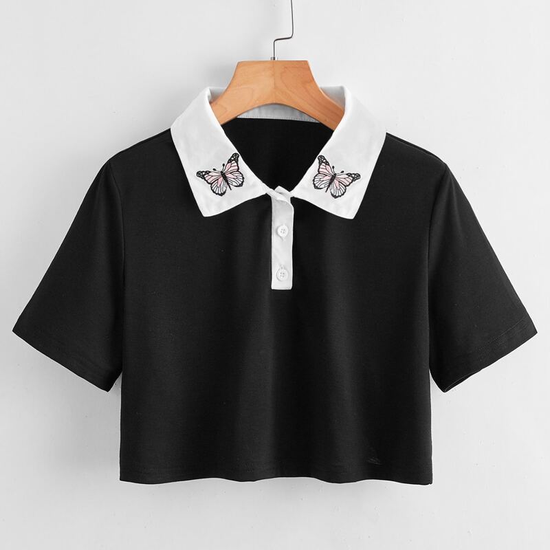 

Butterfly Embroidery Crop Polo Tee, Black