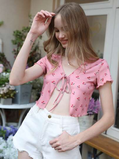 Tie Front Cherry Print Crop Top