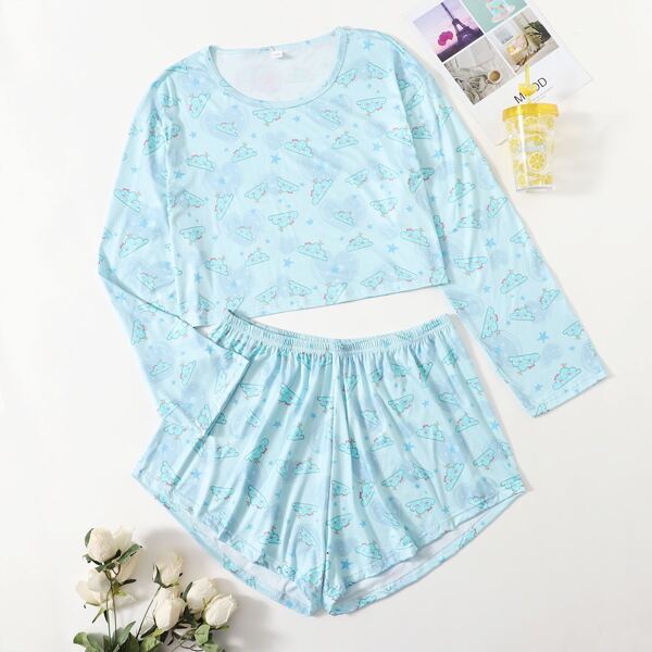

Plus Allover Cartoon Graphic Pajama Set, Baby blue