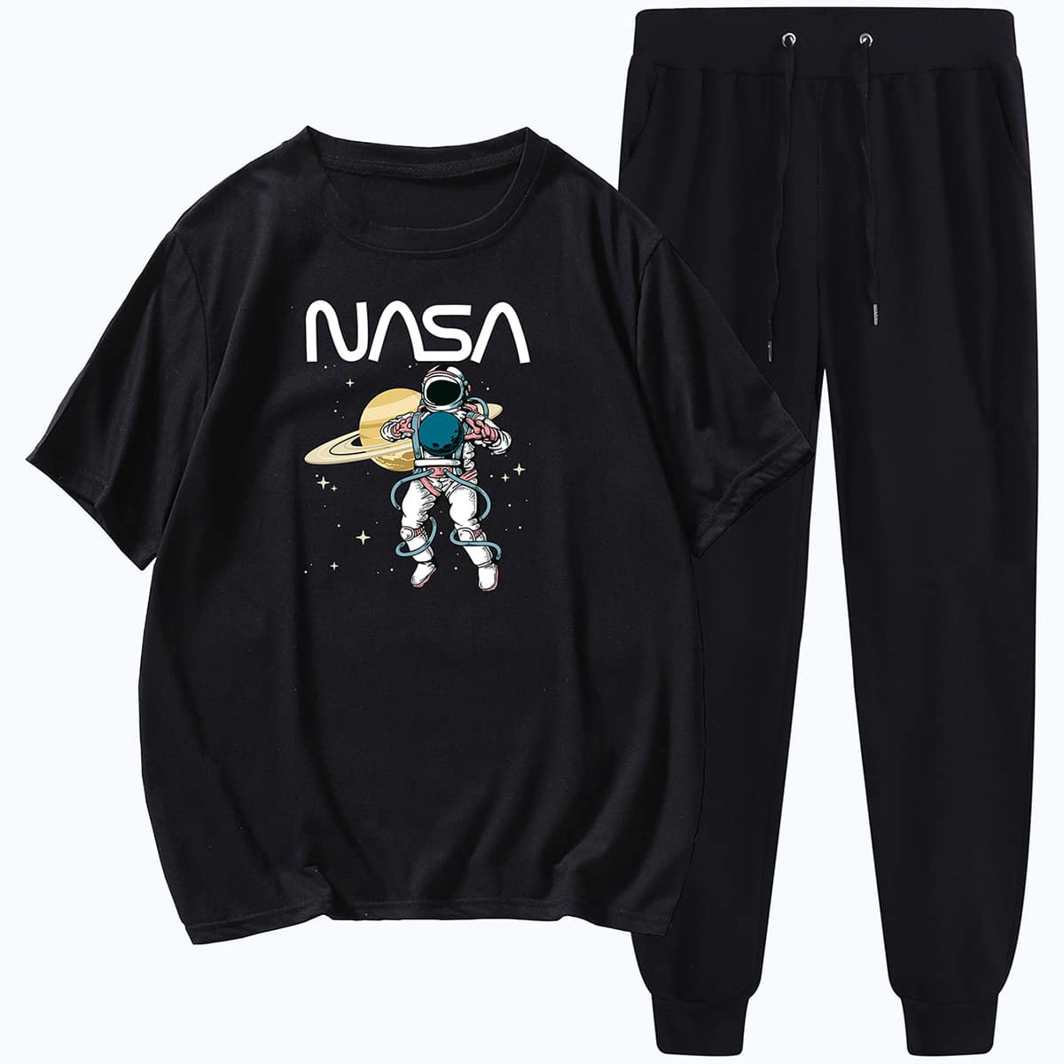 

Guys Letter And Astronaut Print Tee With Sweatpants, Black