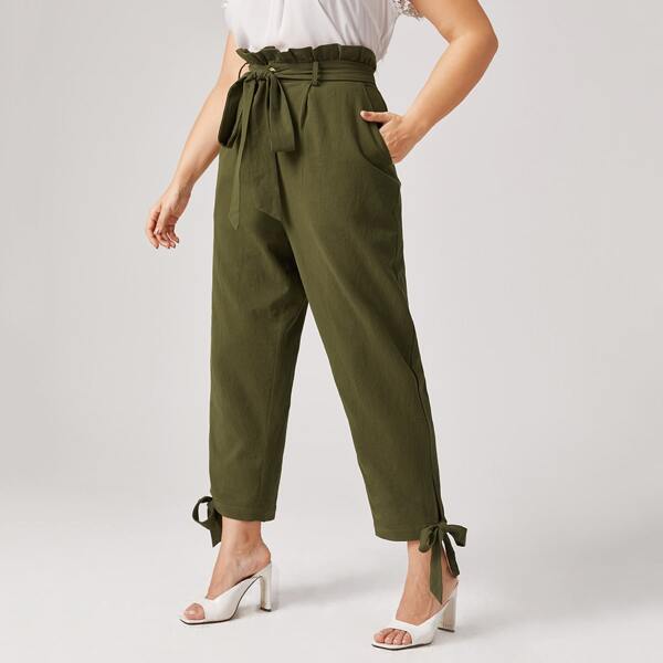 

Plus Knot Hem Paperbag Waist Belted Pants, Army green