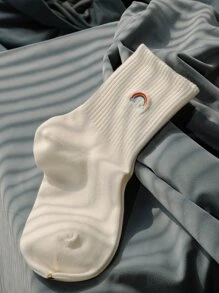 Calcetines De Tripulación Con Bordado Arcoiris - Blanco - Ver 1