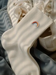 Calcetines De Tripulación Con Bordado Arcoiris - Blanco - Ver 3