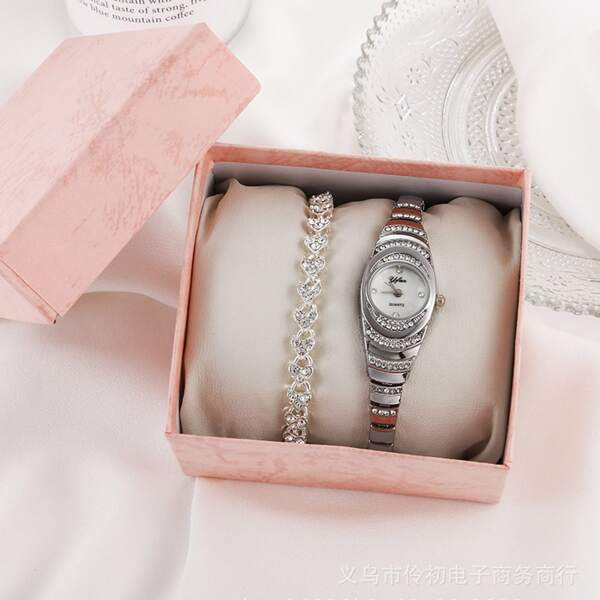 

1pc Rhinestone Decor Quartz Watch & 1pc Bracelet