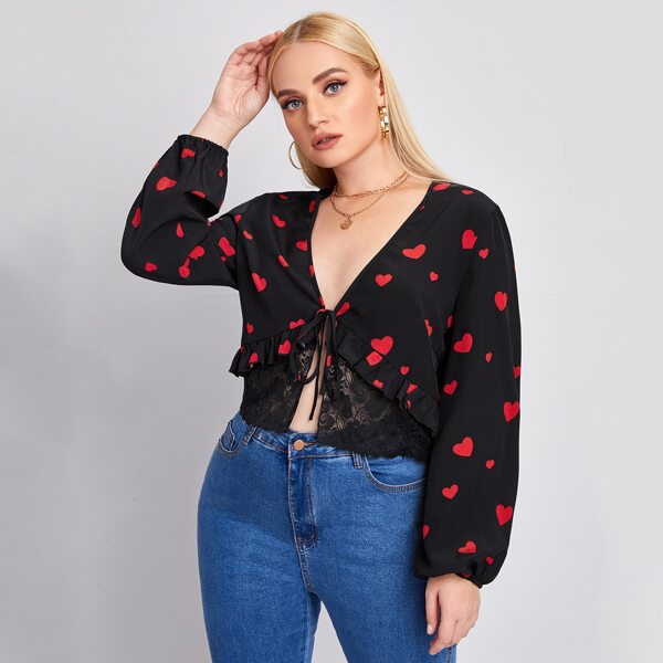 

Plus Heart Print Contrast Lace Top, Black