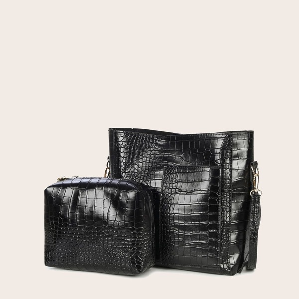 

Croc Embossed Bucket Bag With Inner Pouch, Black