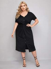 Vestido ajustado de cintura girante de canalé - Negro - Ver 1