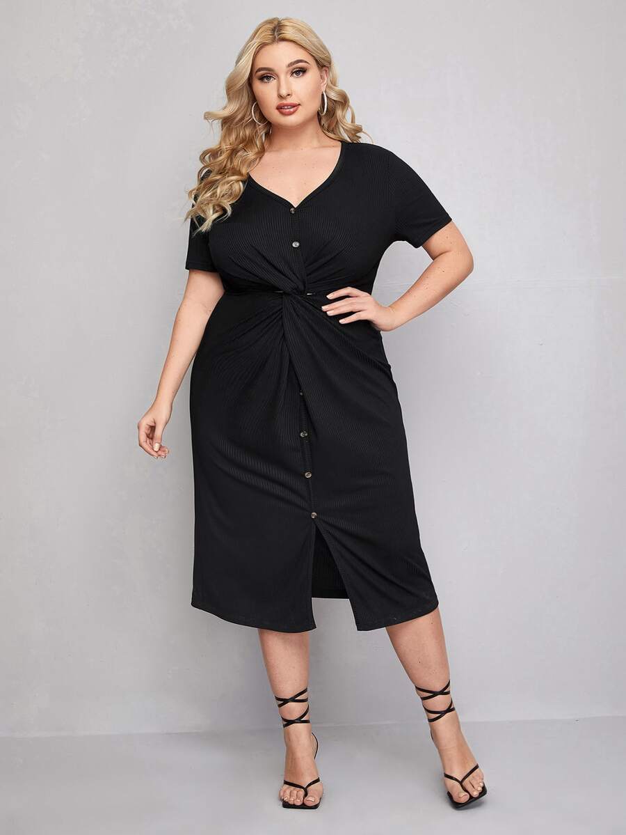 Vestido ajustado de cintura girante de canalé - Negro - Ver 1