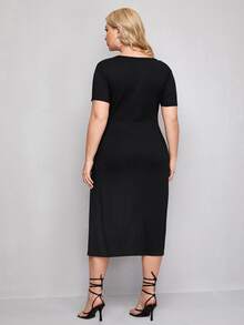 Vestido ajustado de cintura girante de canalé - Negro - Ver 2