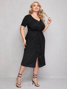 Vestido ajustado de cintura girante de canalé - Negro - Ver 3