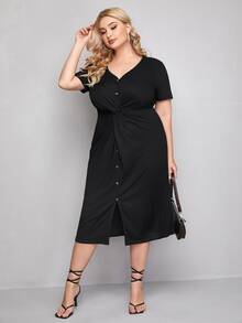 Vestido ajustado de cintura girante de canalé - Negro - Ver 4