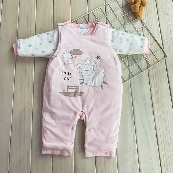 

Baby Girl Star Print Teddy Top With Cartoon Embroidery Jumpsuit, Baby pink