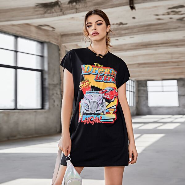 

Car & Letter Graphic Longline Tee, Black