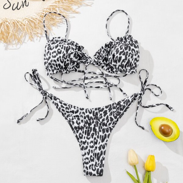 

Leopard Frill Tie Side Bikini Swimsuit, Black and white