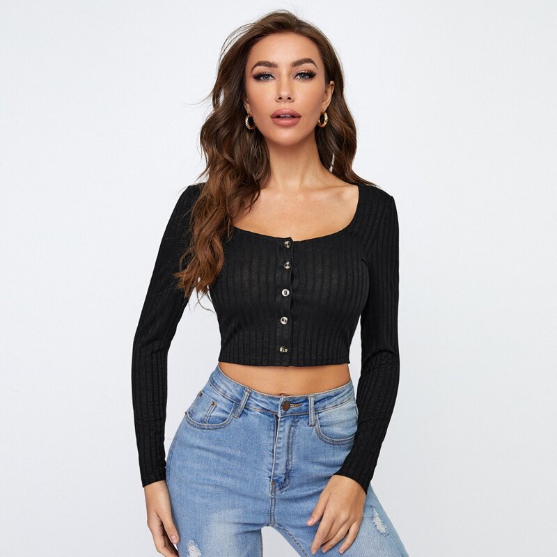 

Scoop Neck Button Front Crop Top, Black