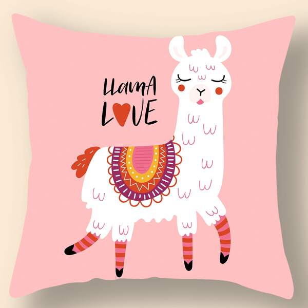

Cartoon Llama Print Cushion Cover Without Filler, Pink