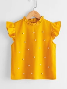 SHEIN 女孩褶邊領荷葉邊袖口珍珠串珠上衣 - 黃色 - 查看 1