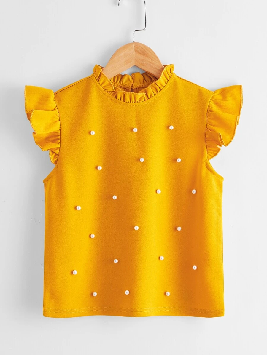 SHEIN 女孩褶邊領荷葉邊袖口珍珠串珠上衣 - 黃色 - 查看 1