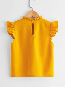 SHEIN 女孩褶邊領荷葉邊袖口珍珠串珠上衣 - 黃色 - 查看 2