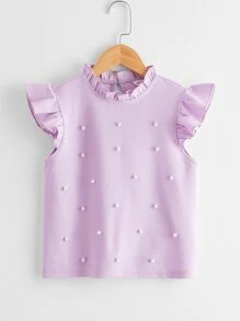 SHEIN Girls Frill Neck Ruffle Armhole Pearls Beaded Top - Lilac Purple - View 1