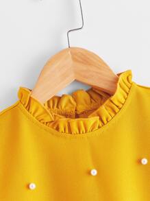 SHEIN 女孩褶邊領荷葉邊袖口珍珠串珠上衣 - 黃色 - 查看 3