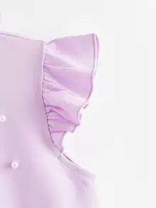SHEIN Girls Frill Neck Ruffle Armhole Pearls Beaded Top - Lilac Purple - View 3
