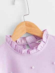 SHEIN Girls Frill Neck Ruffle Armhole Pearls Beaded Top - Lilac Purple - View 4