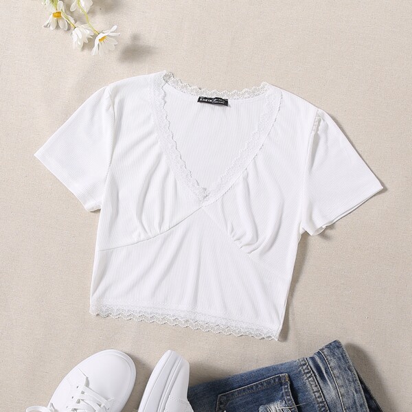 

Rib-knit Lace Trim Crop Tee, White