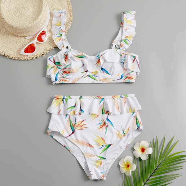 

Floral Ruffle Underwire High Waisted Bikini Swimsuit, Multicolor
