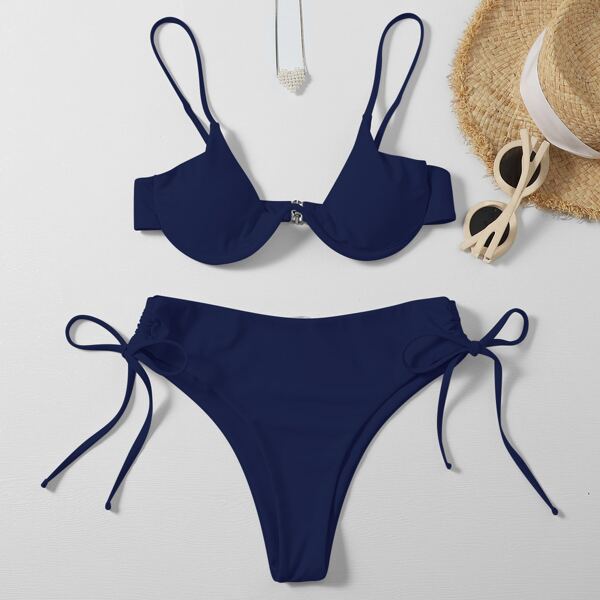 

Underwire Tie Side Bikini Swimsuit, Navy blue