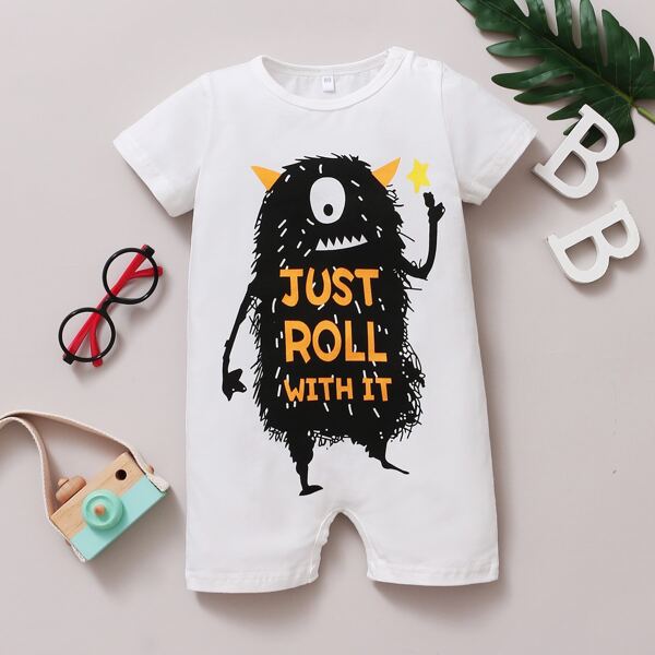 

Baby Boy Cartoon And Slogan Graphic Tee Romper, White