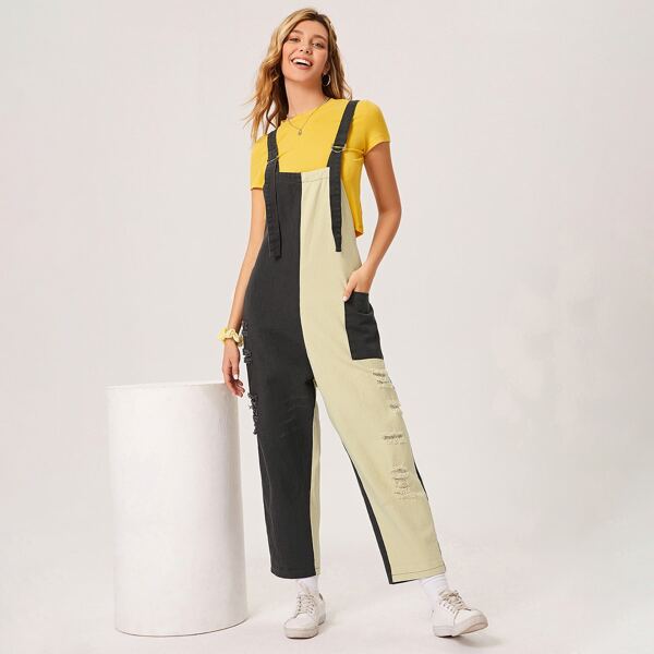 

Colorblock Ripped Detail Patch Pocket Overalls, Multicolor