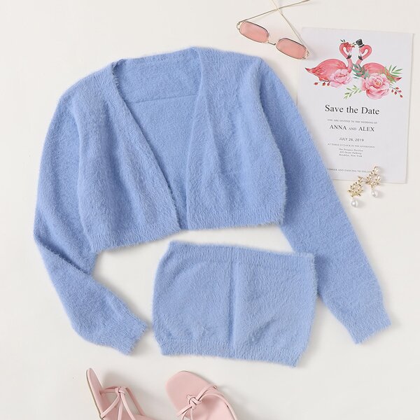 

Fuzzy Knit Tube Top With Cardigan, Baby blue