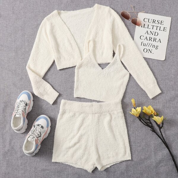 

Solid Knit Cami Top & Cardigan & Knit Shorts, Apricot