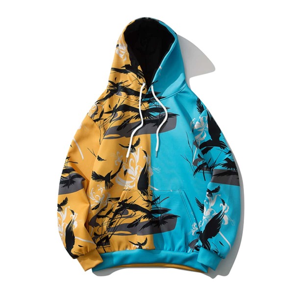 

Men Birds Print Colorblock Kangaroo Pocket Hoodie, Multicolor