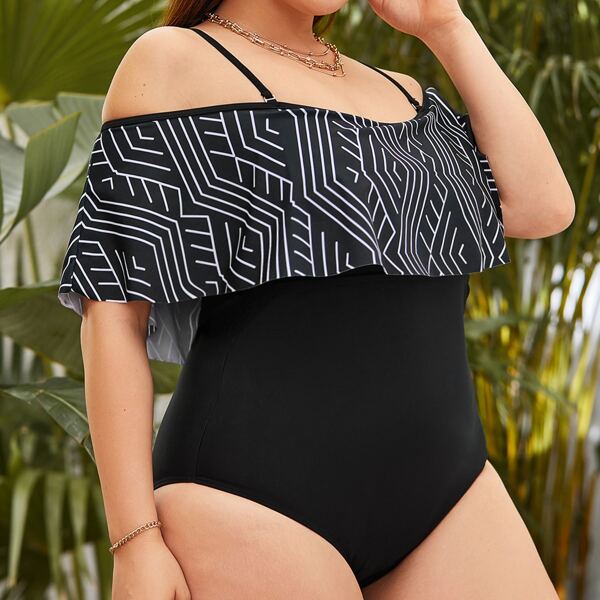

Plus Geo Print Ruffle One Piece Swimsuit, Black