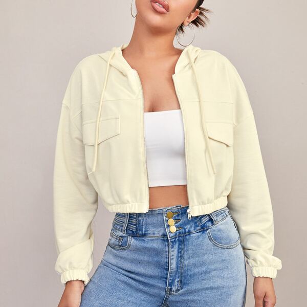 

Drop Shoulder Drawstring Hooded Jackets, Beige