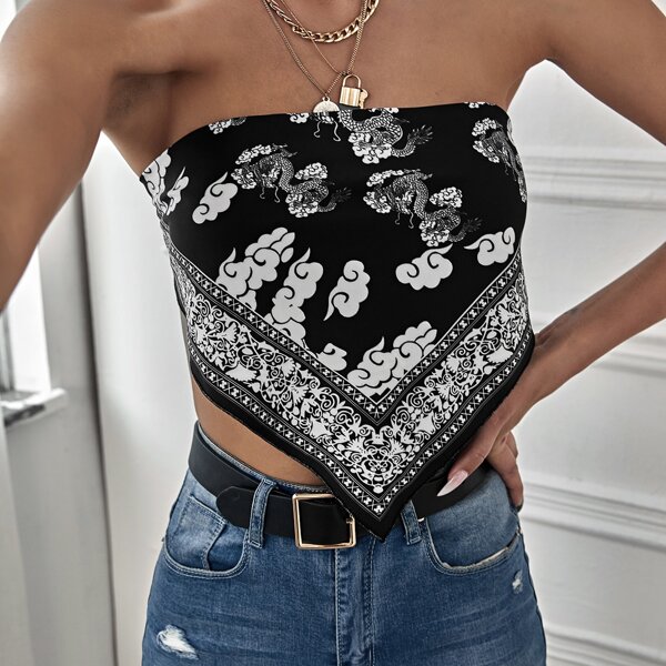 

Chinese Dragon & Clouds Print Tie Back Top, Black and white