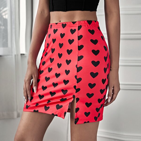 

Allover Heart Print Split Mini Skirt, Red